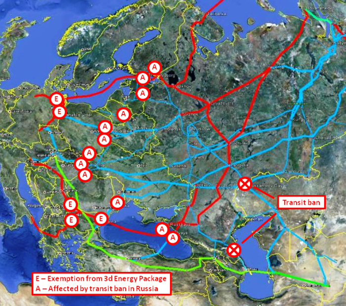 Mapa autorstwa M. Korczemkina. Pokazuje jak przesył z Rosji do Europy Zachodniej może zostać przekierowany w całości do Nord Stream i South Stream oraz ich odnóg. Tym samym zablokuje rury na terenie Europy Środkowo Wschodniej