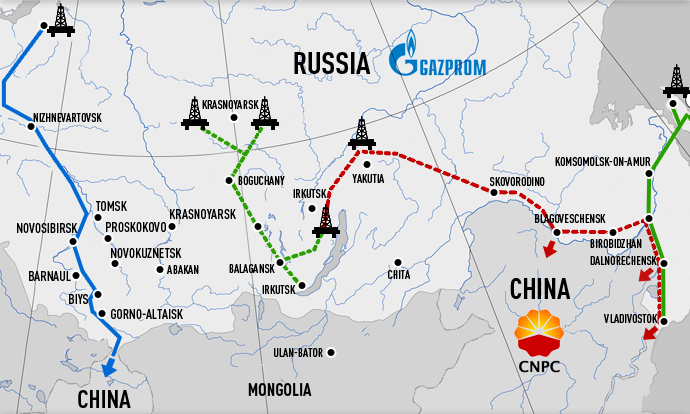 Dwa szlaki doprowadzenia gazu ziemnego z Rosji do Chin - zachodni i wschodni (w 2020 roku w jego ramach ma ruszyć gazociąg Siła Syberii)
