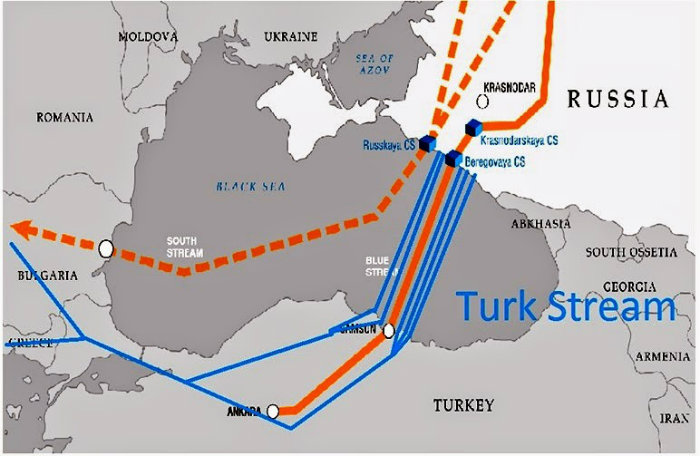 Turkish Stream. Rosyjska grafika błędnie oznacza Krym jako terytorium rosyjskie.